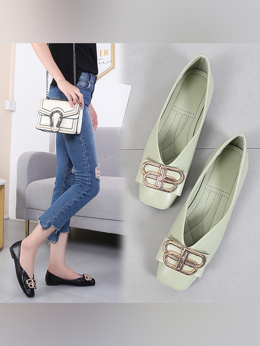 Women's Mint Green Slip-On Ballet Flats with Gold Accent